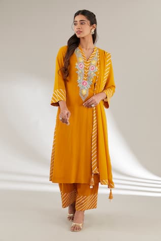 Ajiesh Oberoi Mehek Mustard Yellow Embroidered Kurta Set 