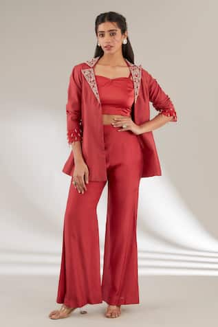 Ajiesh Oberoi Red Upada Silk Jacket Pant Set 