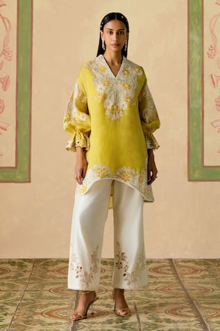 Chandrima Yellow Color Block Tunic & Sheer Pants 