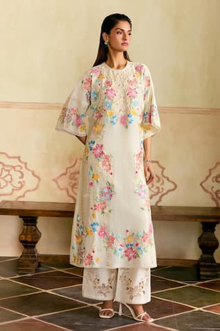 Chandrima Ivory Floral Chanderi Kurta & Pants Set 