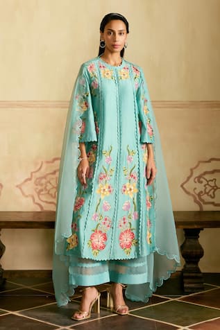Chandrima Aqua Mosaic Floral Vines Kurta Set 