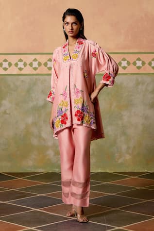 Chandrima Rose Pink Threadwork Tunic & Pant Set 
