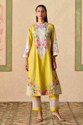 Chandrima Yellow Embroidered Kurta & Sheer Panel Pants 