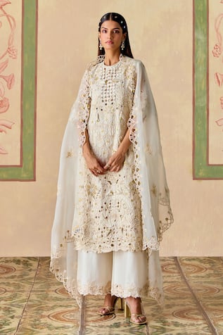 Chandrima Ivory Cutwork Kurta & Flared Pants Set 