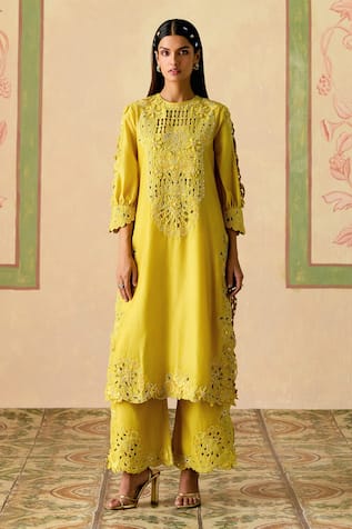 Chandrima Yellow Cutwork Kurta & Pant Set 