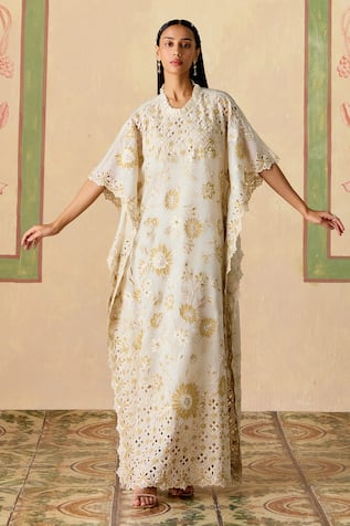 Chandrima Ivory Gold Embroidered Kaftan 