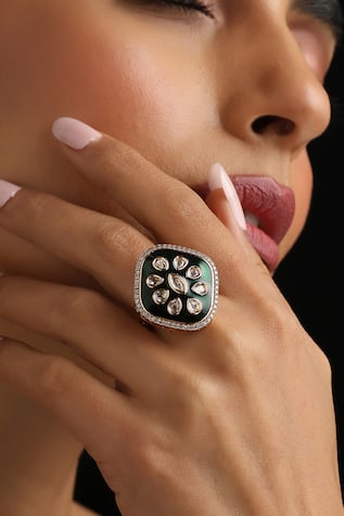 Swabhimann Green Polki Meena Adjustable Ring 