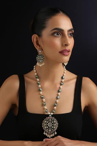 Swabhimann Green Polki Inlay Long Necklace Set 
