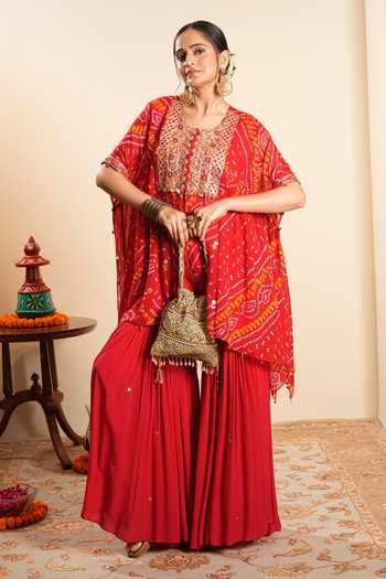 Sonali Methi Red Bandhani Kaftan & Sharara Set 