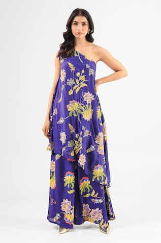 Amrood Royal Blue Floral Kurta & Flared Pant Set 