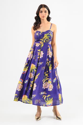 Amrood Floral Print Royal Blue Dress 