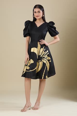 Naintara Bajaj Black Floral Print Cotton Dress 