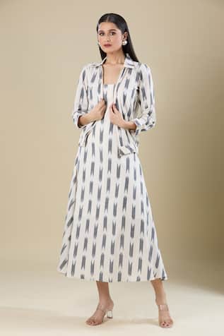 Naintara Bajaj Ikat Handloom Cream & Black Dress With Jacket 