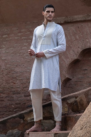 Preevin Ice Blue Big Border Full Embroidered Kurta With Pant 