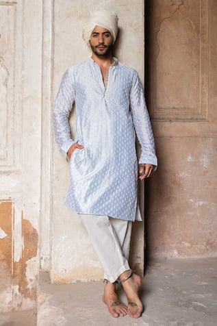 Preevin Ice Blue Dots Full Embroidered Kurta With Pant 