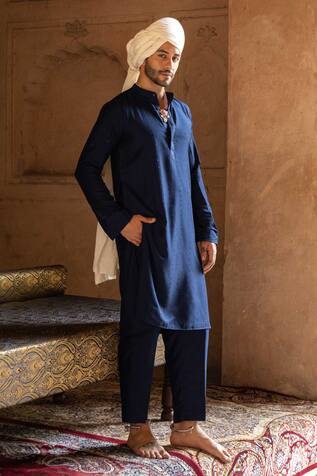 Preevin Indigo Blue Line Sequence Kurta With Pant 