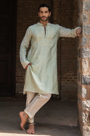 Preevin Mint Big Border Full Embroidered Kurta With Pant 