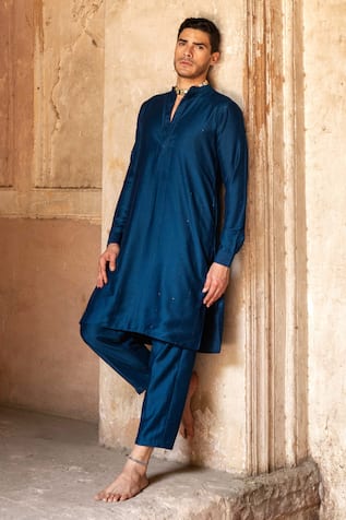 Preevin Navy Blue Line Sequence Kurta With Pant 