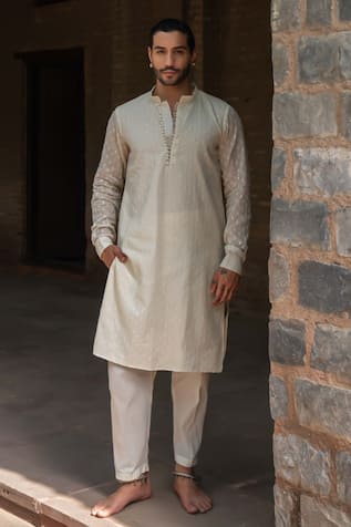 Preevin Off White Dots Full Embroidered Kurta With Pant 