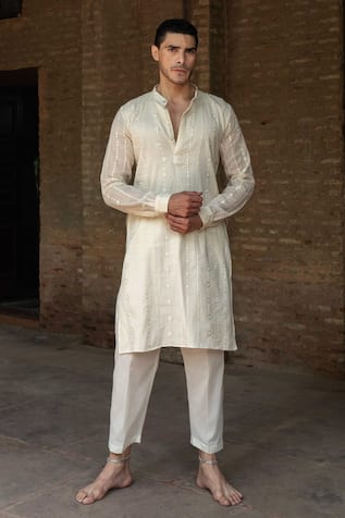 Preevin Off White Line Full Embroidered Kurta With Pant 
