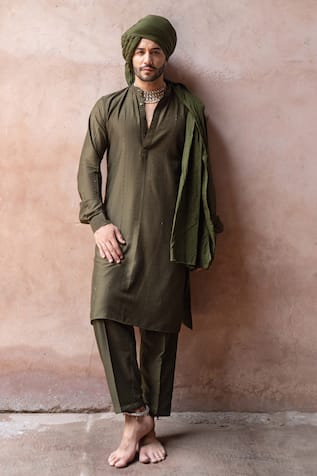 Preevin Olive Line Sequence Kurta With Pant 