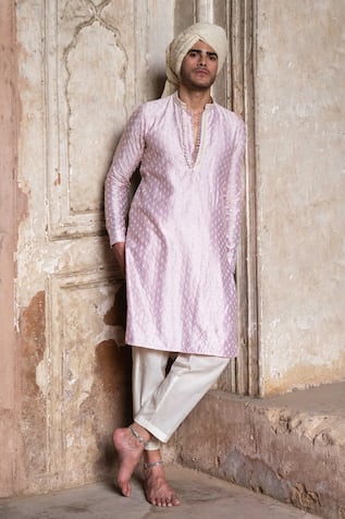 Preevin Onion Pink Dots Full Embroidered Kurta With Pant 