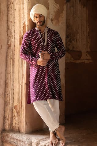 Preevin Wine Dots Full Embroidered Kurta With Pant 