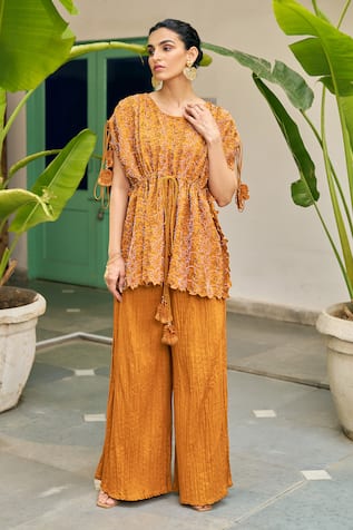Vidushi Gupta Ochre Yellow Thread Work Tunic & Pant Set 