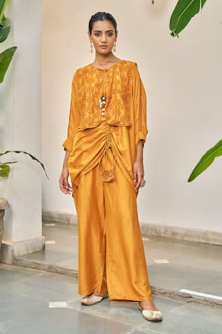 Vidushi Gupta Designer Ochre Yellow Kurta Pant Set 