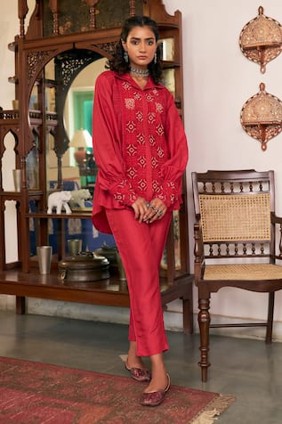 Vidushi Gupta Ruby Red Cutwork Embroidered Shirt & Pant Set 