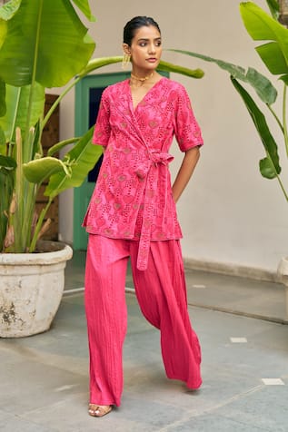 Vidushi Gupta Fuchsia Pink Cutwork Kurta & Pant Set 