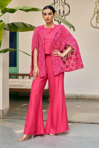 Vidushi Gupta Fuschia Pink Cutwork Cape & Pant Set 