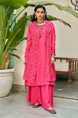 Vidushi Gupta Cutwork Embroidered Fuchsia Pink Set 