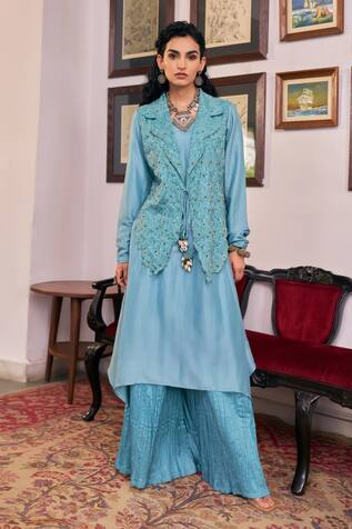 Vidushi Gupta Blush Blue Embroidered Kurta Pant Set 