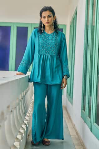 Vidushi Gupta Teal Blue Cutwork Tunic & Flared Pant Set 