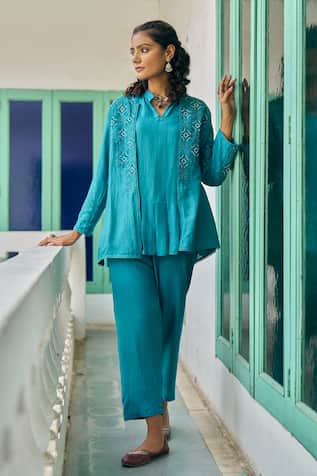 Vidushi Gupta Teal Blue Designer Jacket & Pant Set 