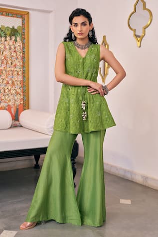 Vidushi Gupta Pea Green Embroidered Kurta & Flared Pant Set 