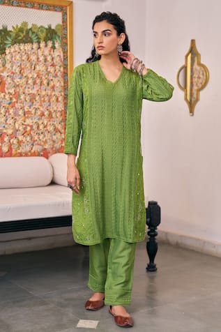 Vidushi Gupta Pearl Embroidered Kurta & Pant Set 