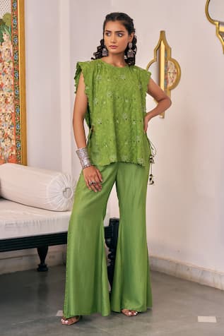 Vidushi Gupta Designer Pea Green Flared Pant Set 