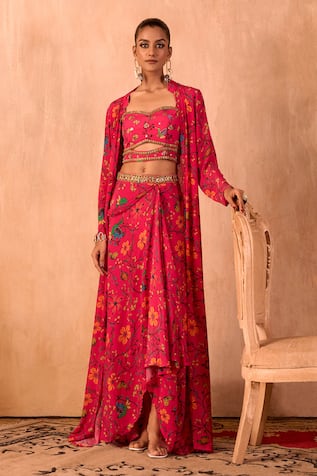 Mehak Murpana X AZA Floral Print Draped Skirt & Jacket Set 