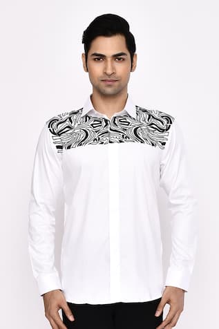 Aryavir Malhotra Printed White Cotton Blend Shirt 