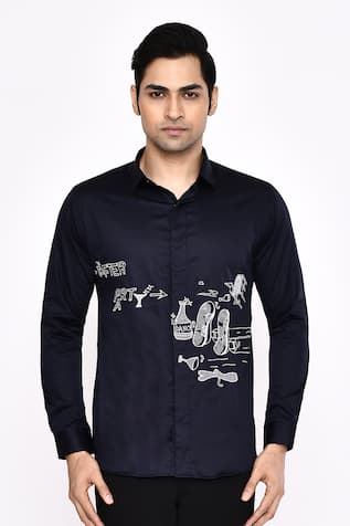 Aryavir Malhotra Printed Black Cotton Blend Shirt 