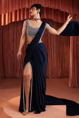 Akara Midnight Blue Pre-draped Saree & Blouse 