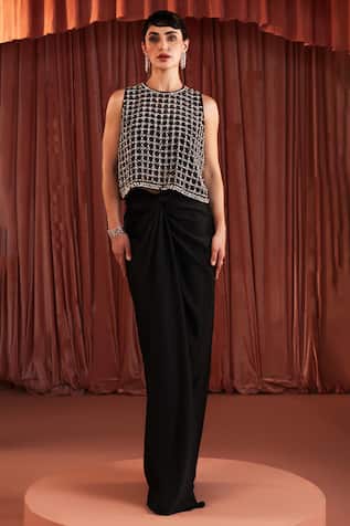 Akara Black Satin Draped Skirt & Blouse Set 