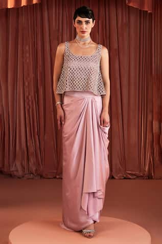Akara Designer Pink Satin Blouse & Draped Skirt Set 