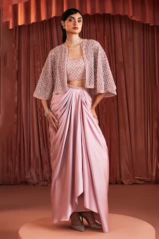 Akara Pink Satin Cape & Draped Skirt Set 