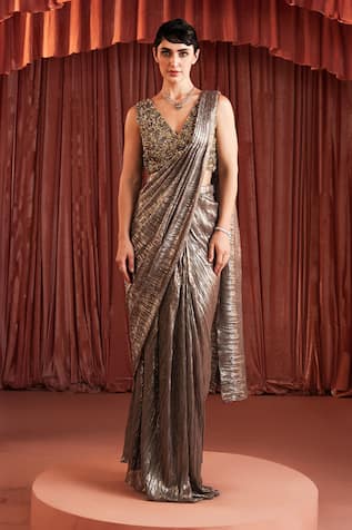 Akara Designer Silver Gold Pre-draped Saree Set 