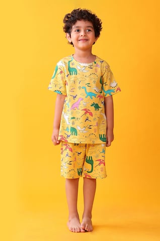Anthrilo Dinosaur Print Cotton T-Shirt & Shorts Set 