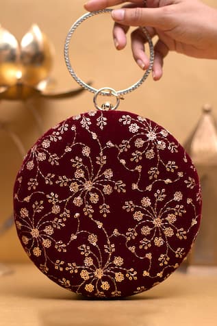 Maroon Sequin Embroidered Clutch Purse 