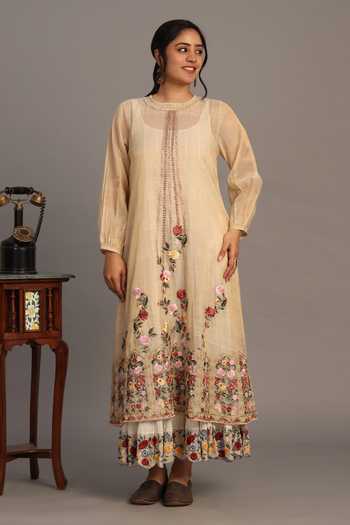 Prama By Pratima Pandey Light Gold Floral Embroidered Tunic 